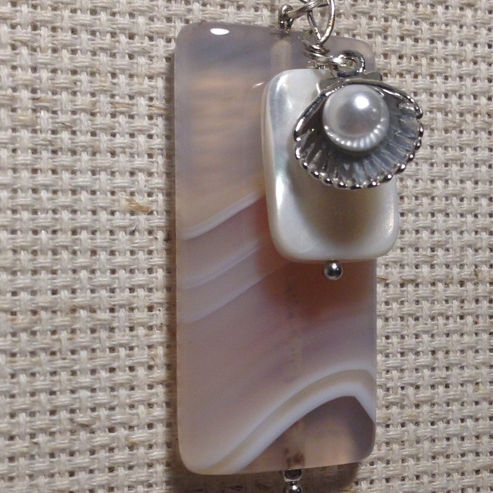 Pale Pink Sardonyx Stone and Natural Seashell Necklace Pendant